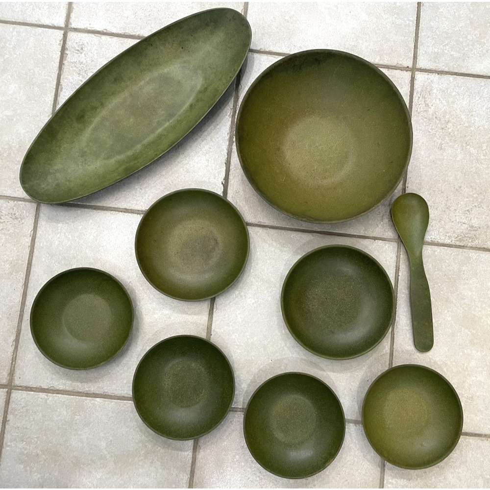 Rare Vintage Mid-Century 1950's Flintwood Melamine Green Bowl & Dish + spoon set